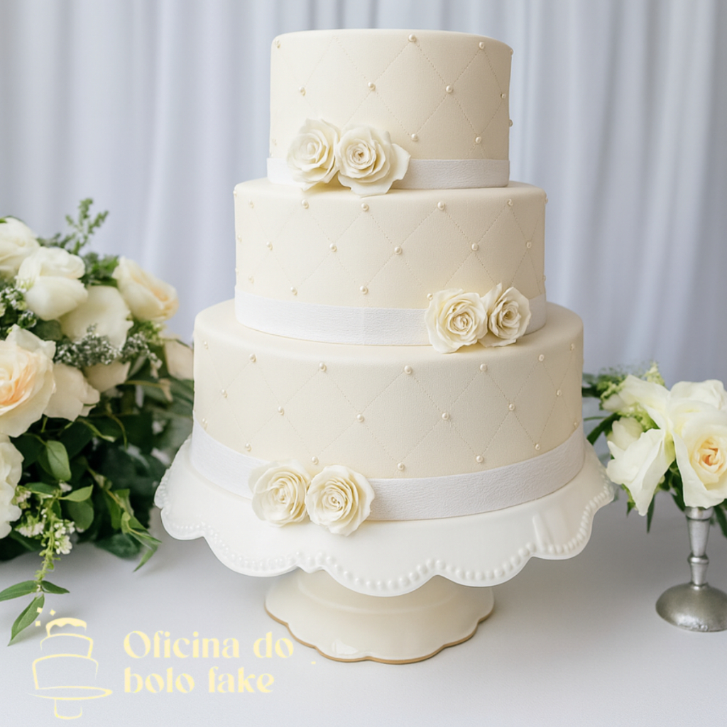 Bolo fake branco pra casamento com renda (Flores B