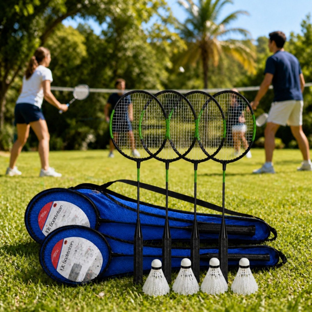 Kit Badminton 4 Raquetes + 4 Petecas Bolsas Jogo E