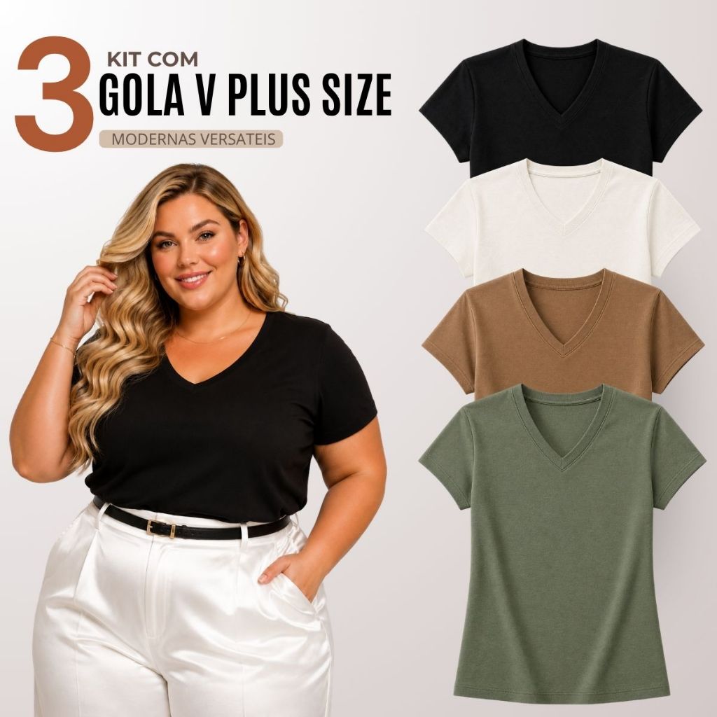 Kit 3 Blusas Feminina Plus Size Gola V Básica Cas