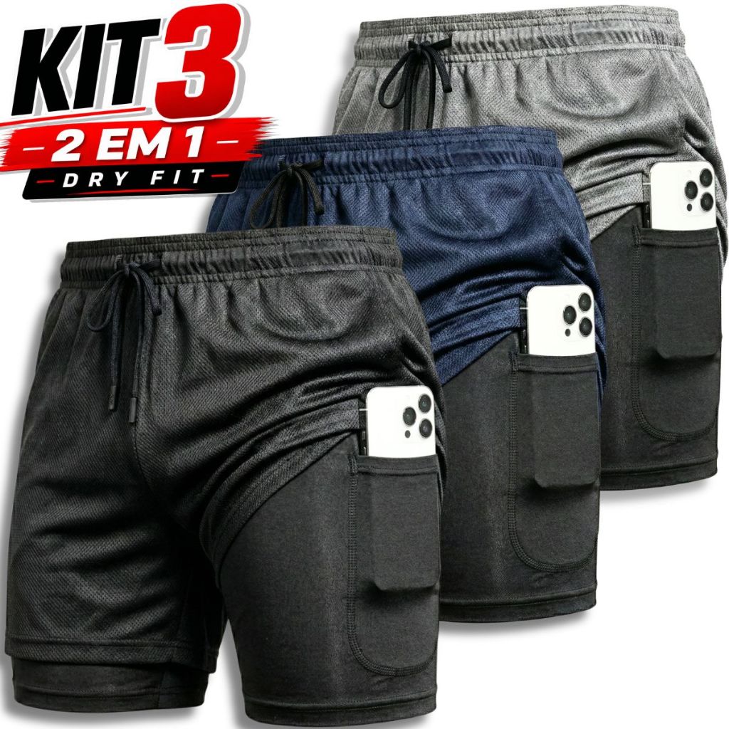 Kit 3 Shorts 2 em 1 Dryfit Masculino Academia Corr
