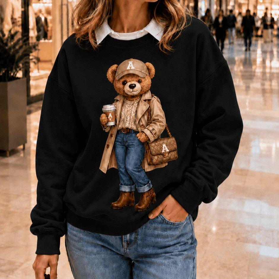 Moletom Feminino Estampado Urso Casaco e Bolsa 