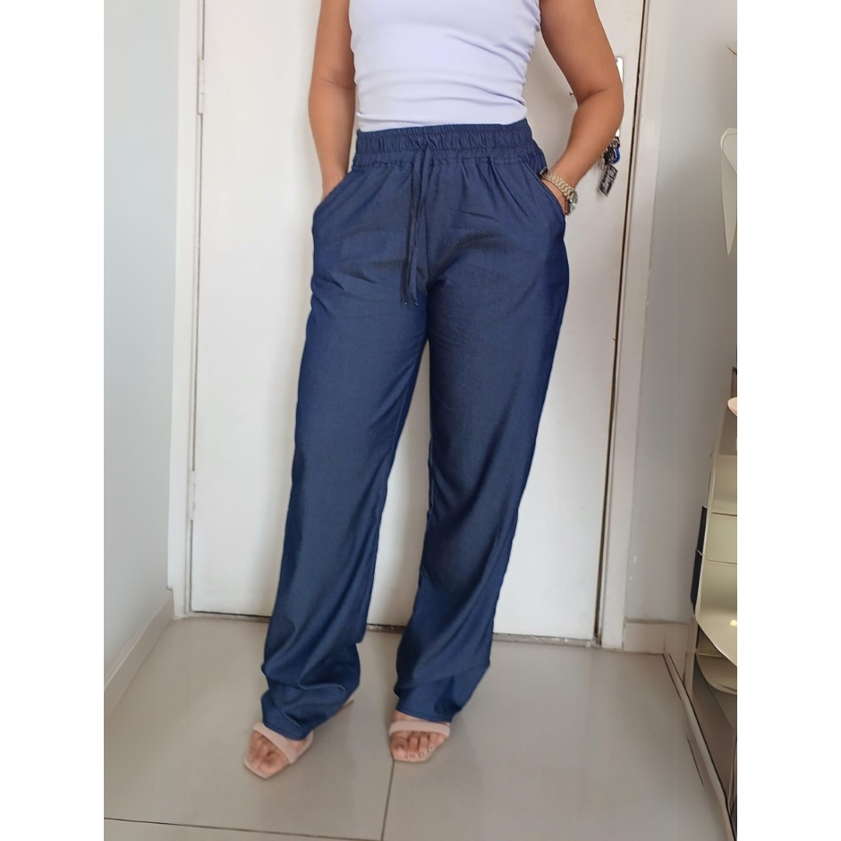 Calça Reta de chambray LISO  Feminina Elastico na