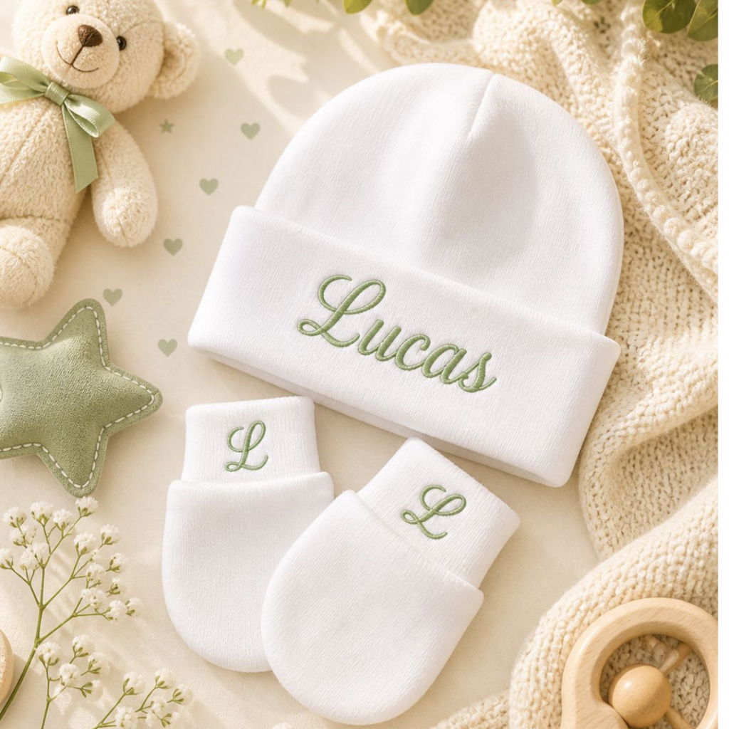Kit Bebê Bordado Personalizado  Touca + Luvas | S