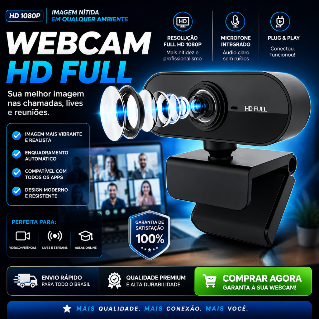 Webcam Full HD 1080P USB com Microfone Integrado |