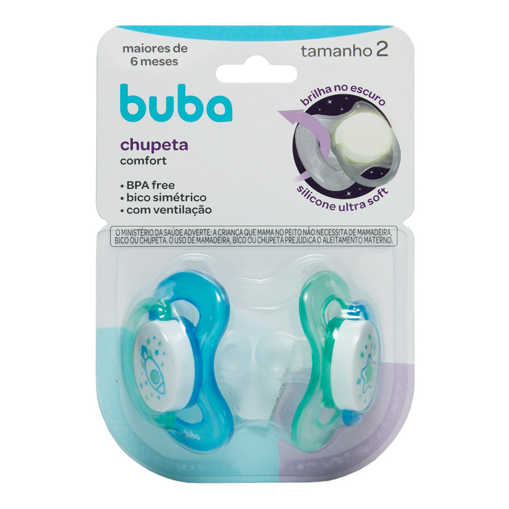 Kit 2 Chupeta Comfort Buba Tamanho 2 Noturna Fogue