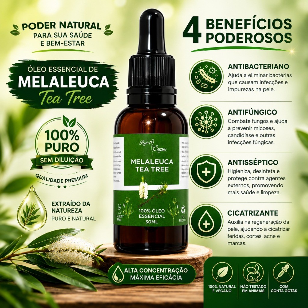 Kit 3 Óleo Essencial Melaleuca Tea Tree Puro 30ml
