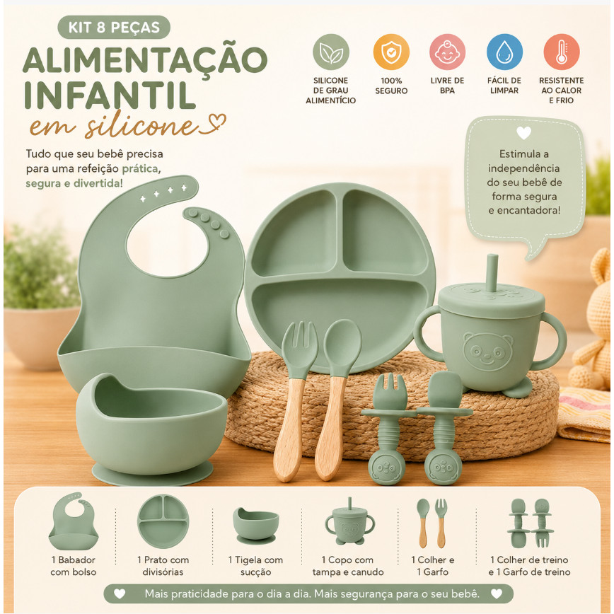 Kit Introdução Alimentar Bebê Silicone 8 Peças