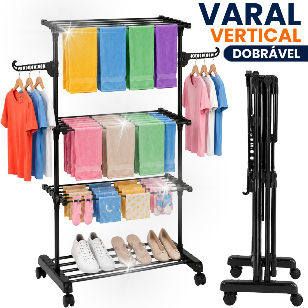 Varal Vertical Dobrável Com Rodinhas Articulado 3