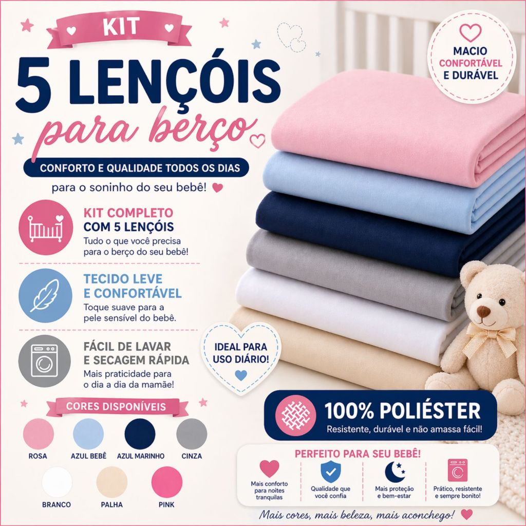 Kit 5 lençol de berço americano padrão avulso c