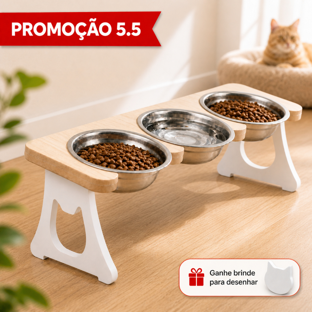 COMEDOURO EM INOX TRIPLO PARA GATOS OU CACHORROS P