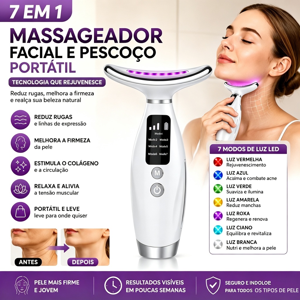 Massageador Facial Pescoço 7 Cores LED Aqueciment