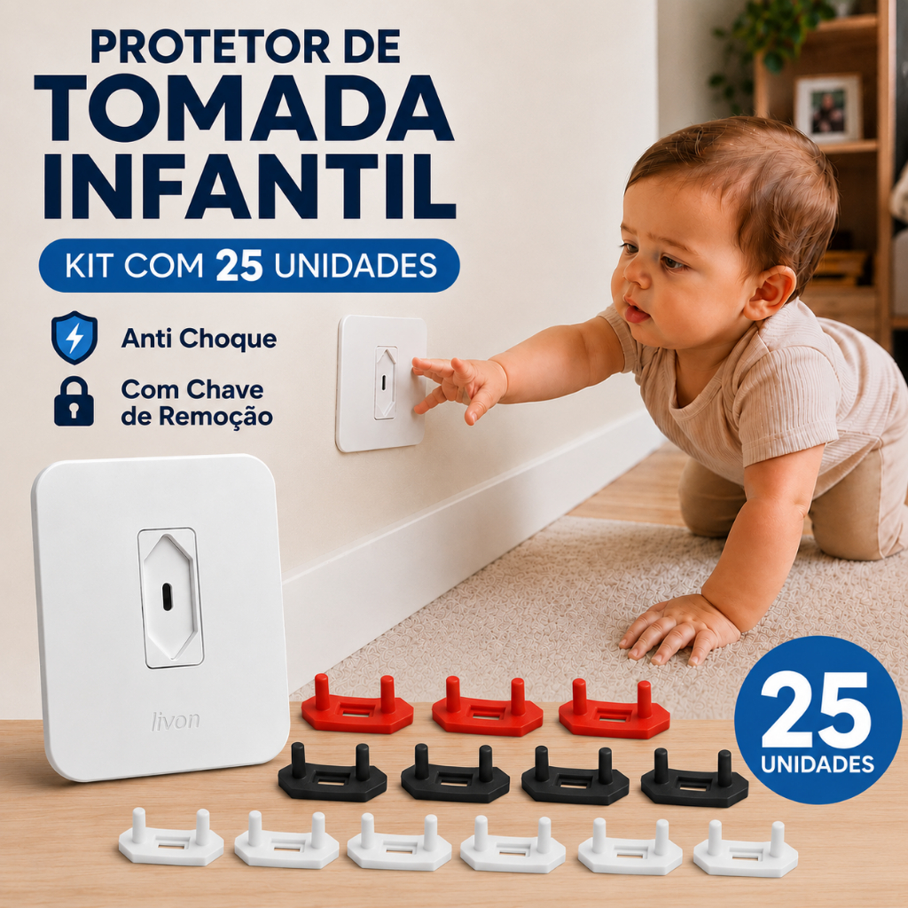 25 Protetor de Tomada Infantil Com Chave Anti Choq