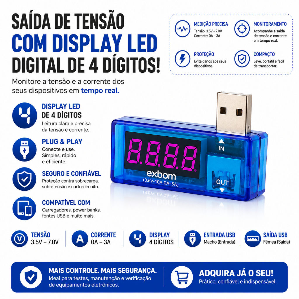 Testador USB de Voltagem e Amperagem Voltímetro U