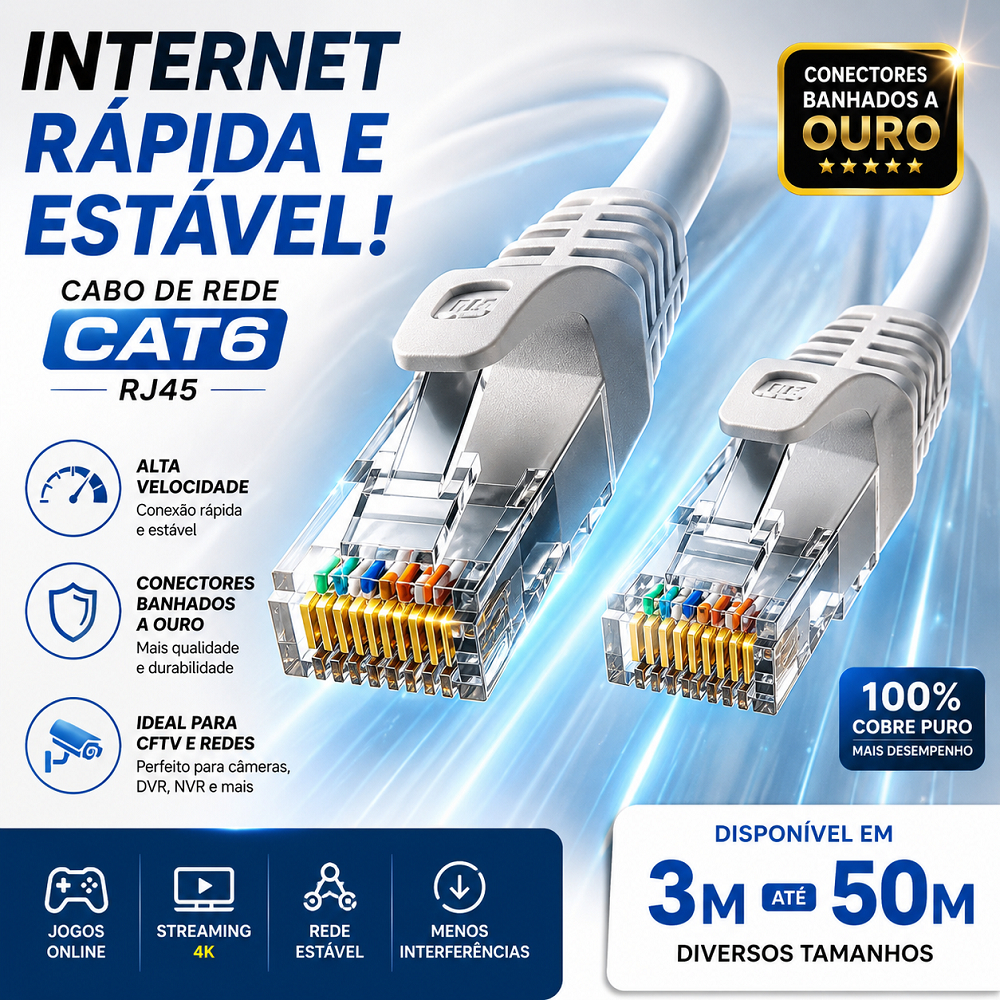 Cabo de Rede RJ45 CFTV Cat6 de 3 a 50 Metros Conec