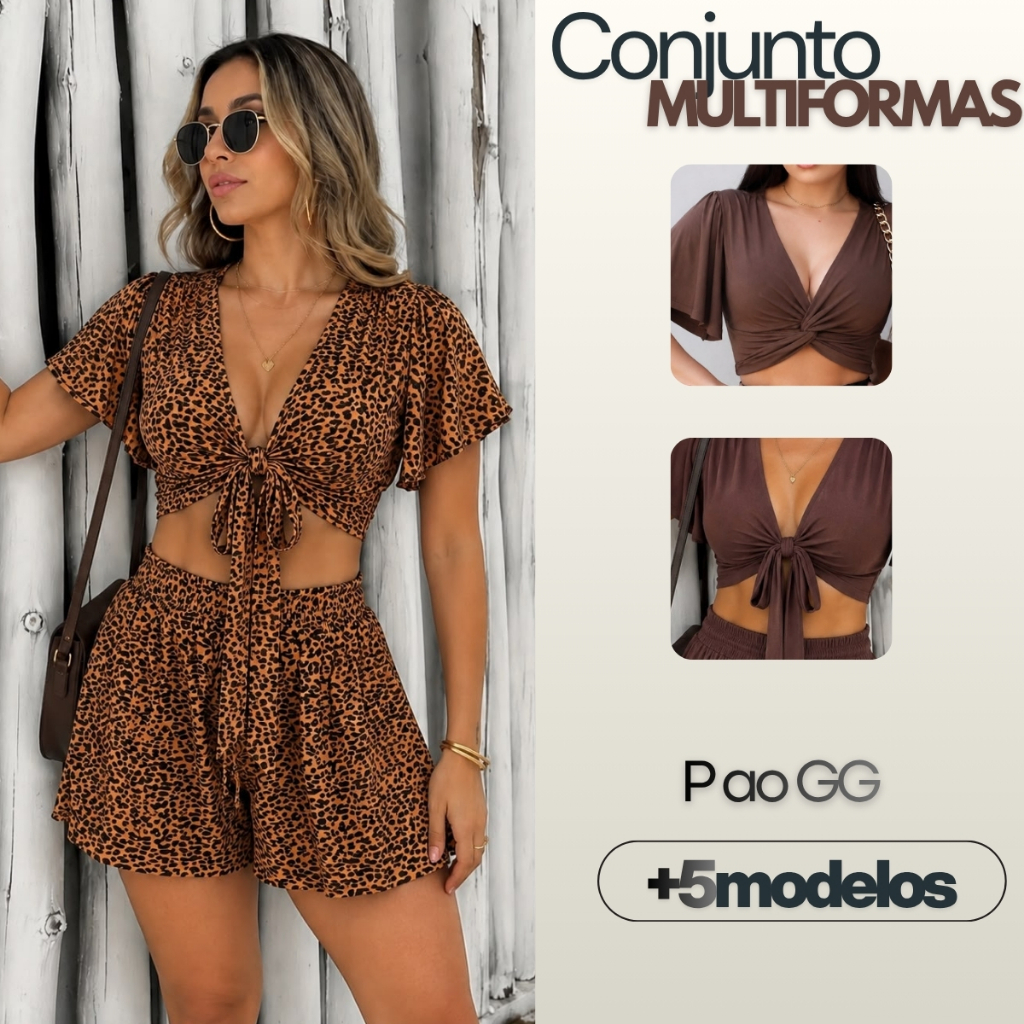 Conjunto Feminino Shorts e Cropped Multiformas +6 