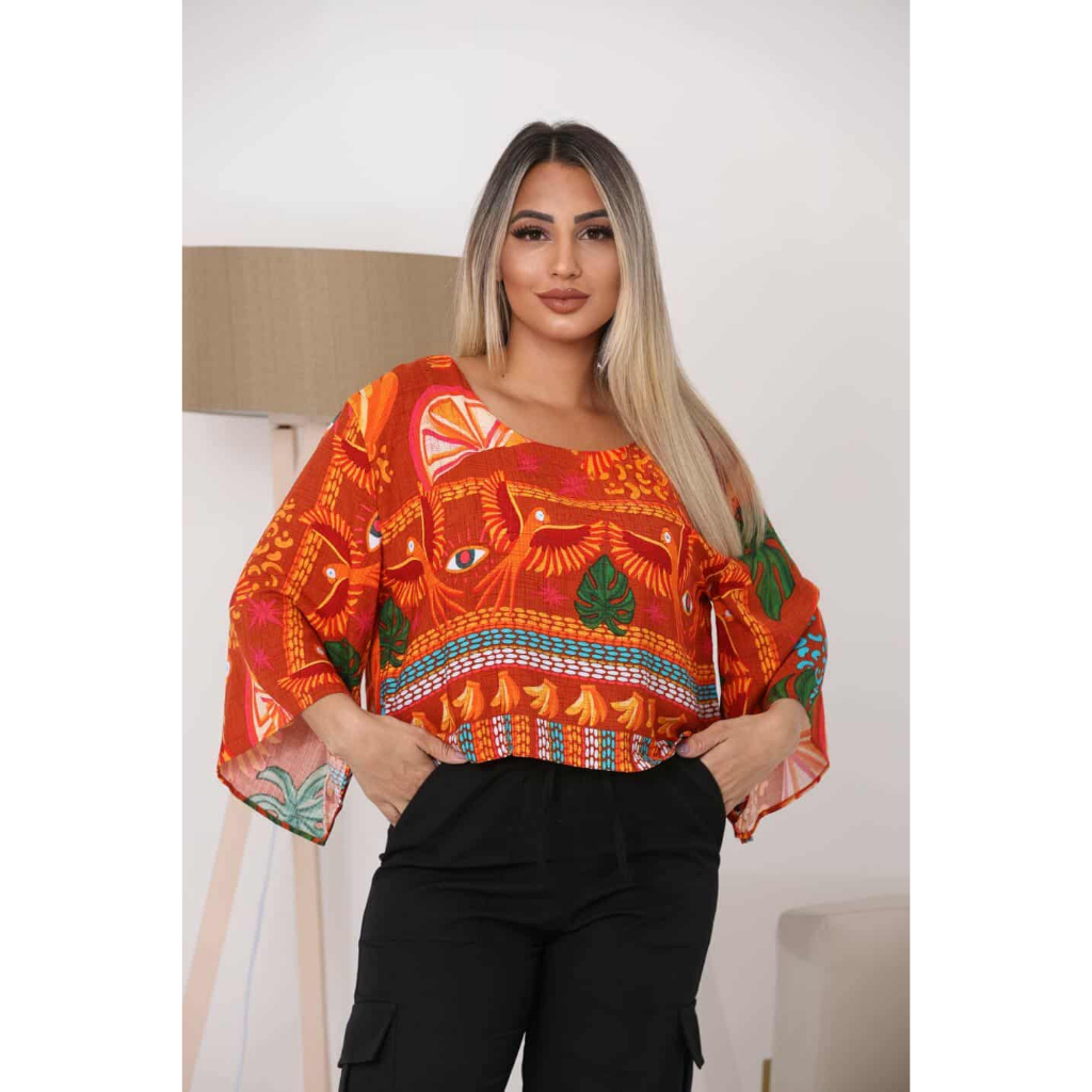 Blusa Cropped Feminina Manga Flare