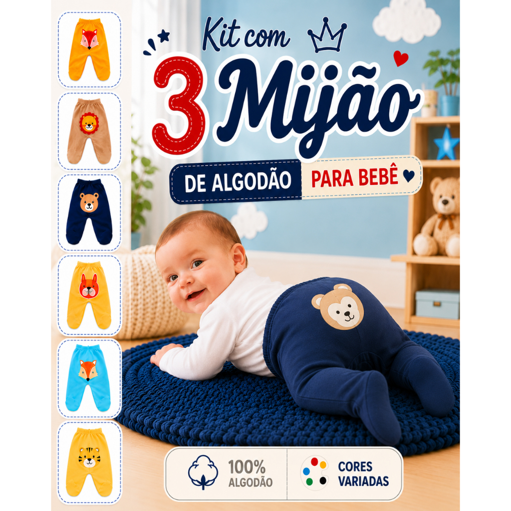 Kit com 3 Mijao Bebê Menino Com Pé – Malha