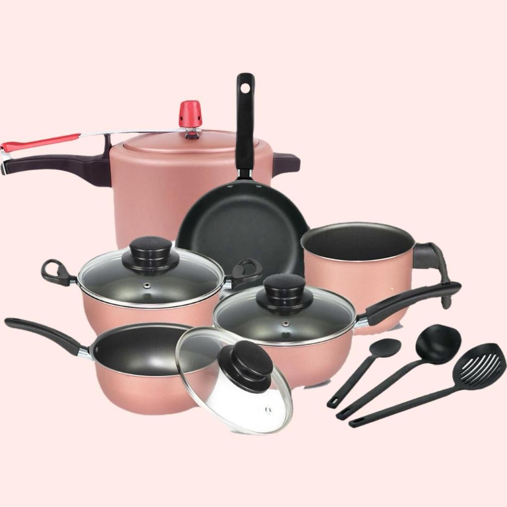 Jogo De Panelas Elegan 9 Peças Rosa Com Panela De