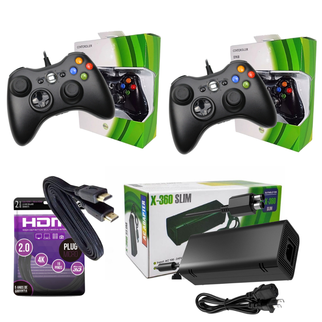 Kit Xbox 360 Slim 2 Controles Com Fio + Fonte Bivo