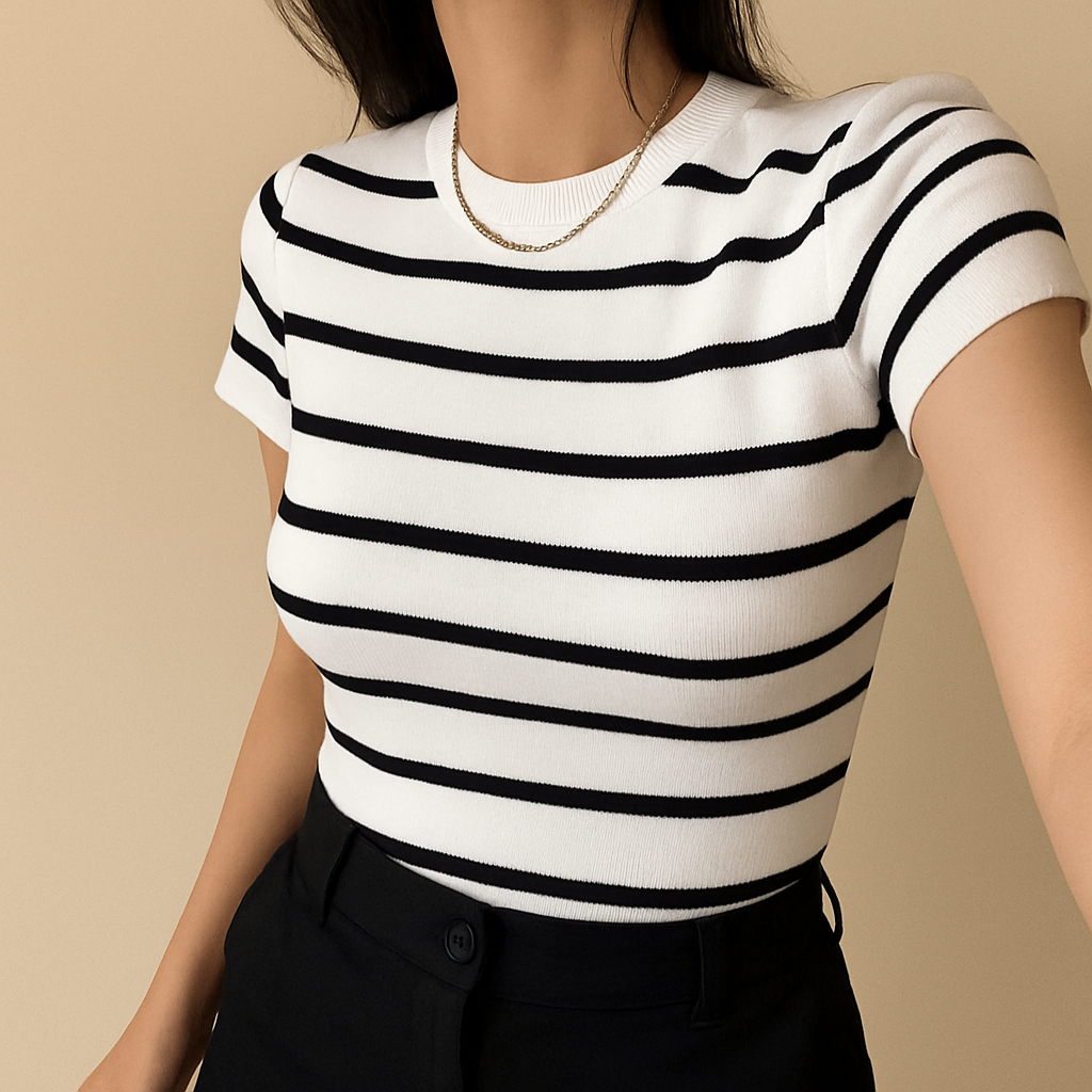 Blusa Feminina Listrada Casual Com Manga Curta Mod