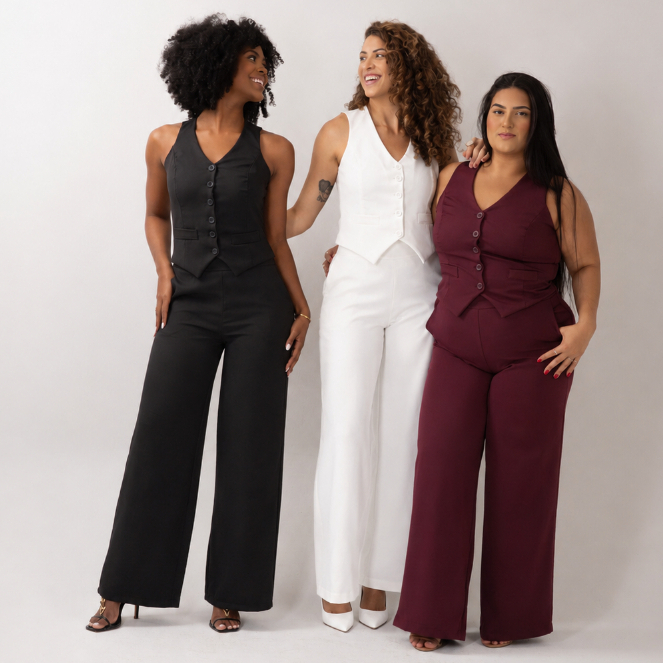 Conjunto de Calça Pantalona com Botão Simples Ca