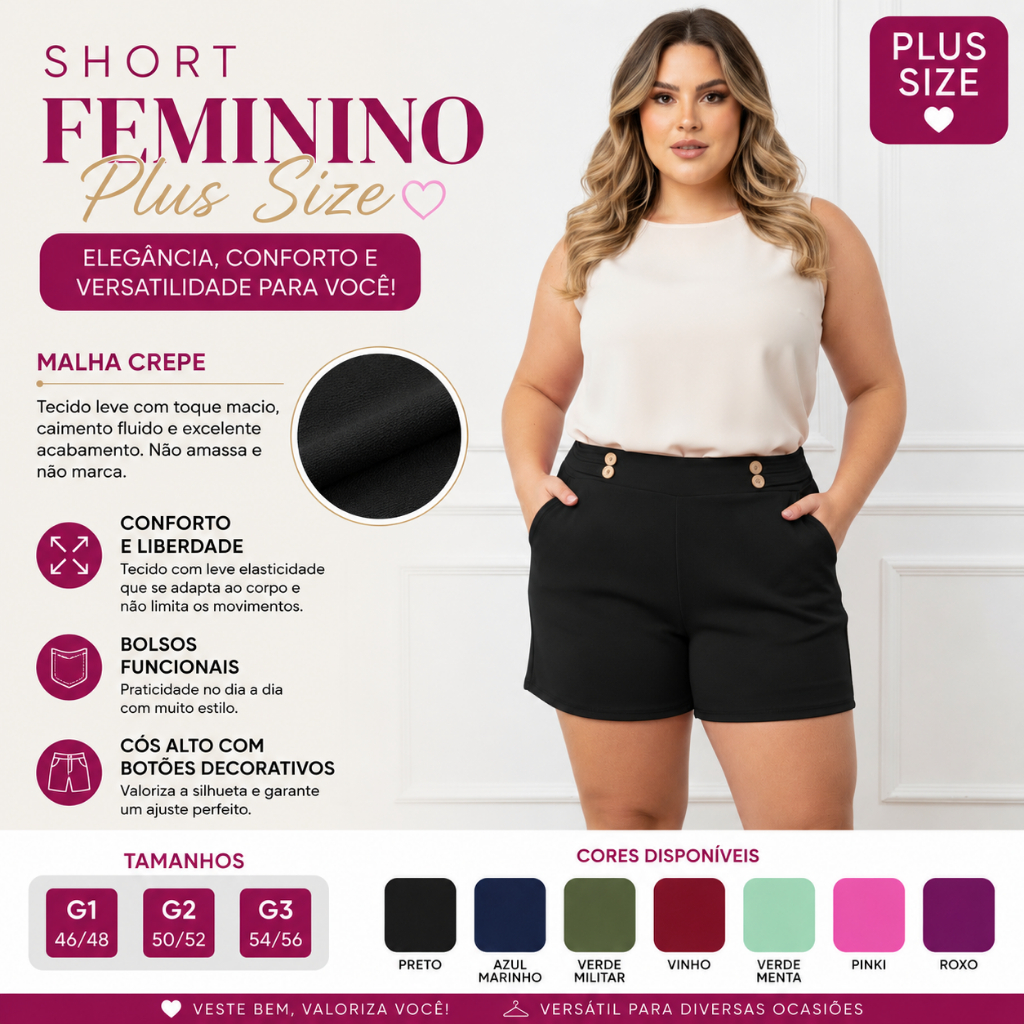 Short Feminino Malha Crepe Plus Size G1 G2 G3 Tem 