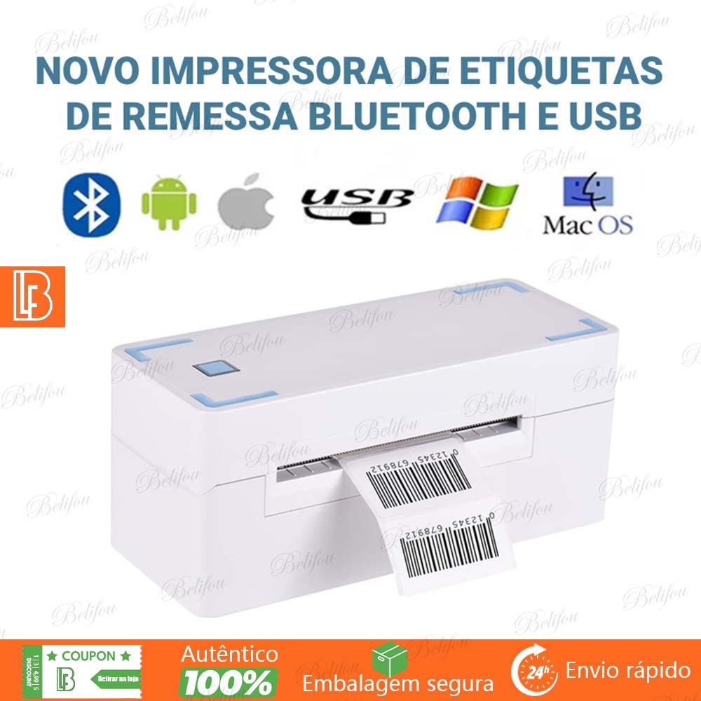 Branco Impressora Térmica 203dpi USB + Bluetooth 