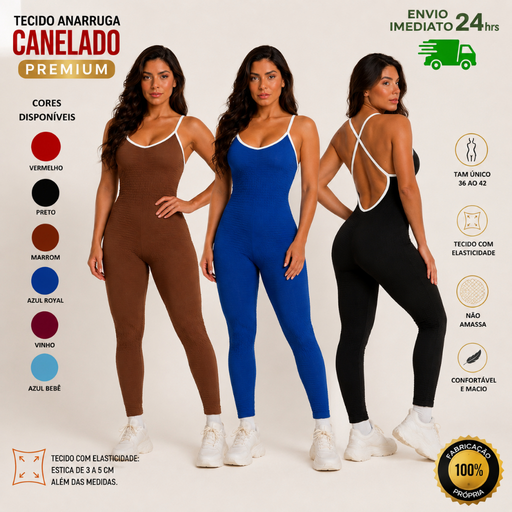Macacão feminino  Longo Academia canelado Anarrug