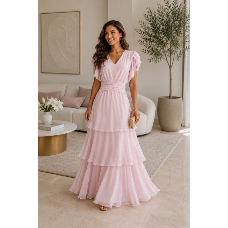 vestido longo elegante na 3 camadas