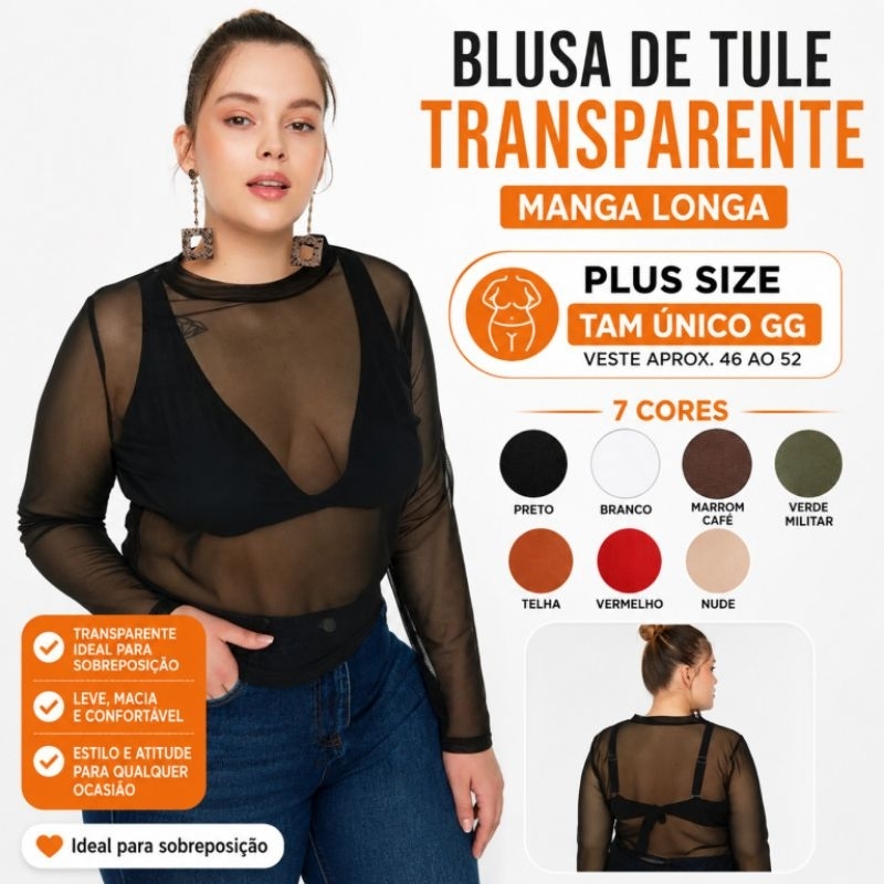 Blusa Tule Transparente Manga Longa Plus Size GG T