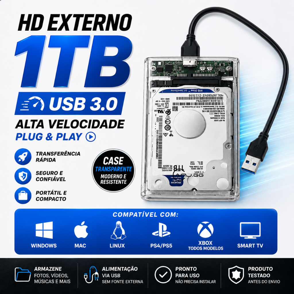 HD EXTERNO PORTÁTIL 1TB/1000GB USB 3.0 CASE TRANS