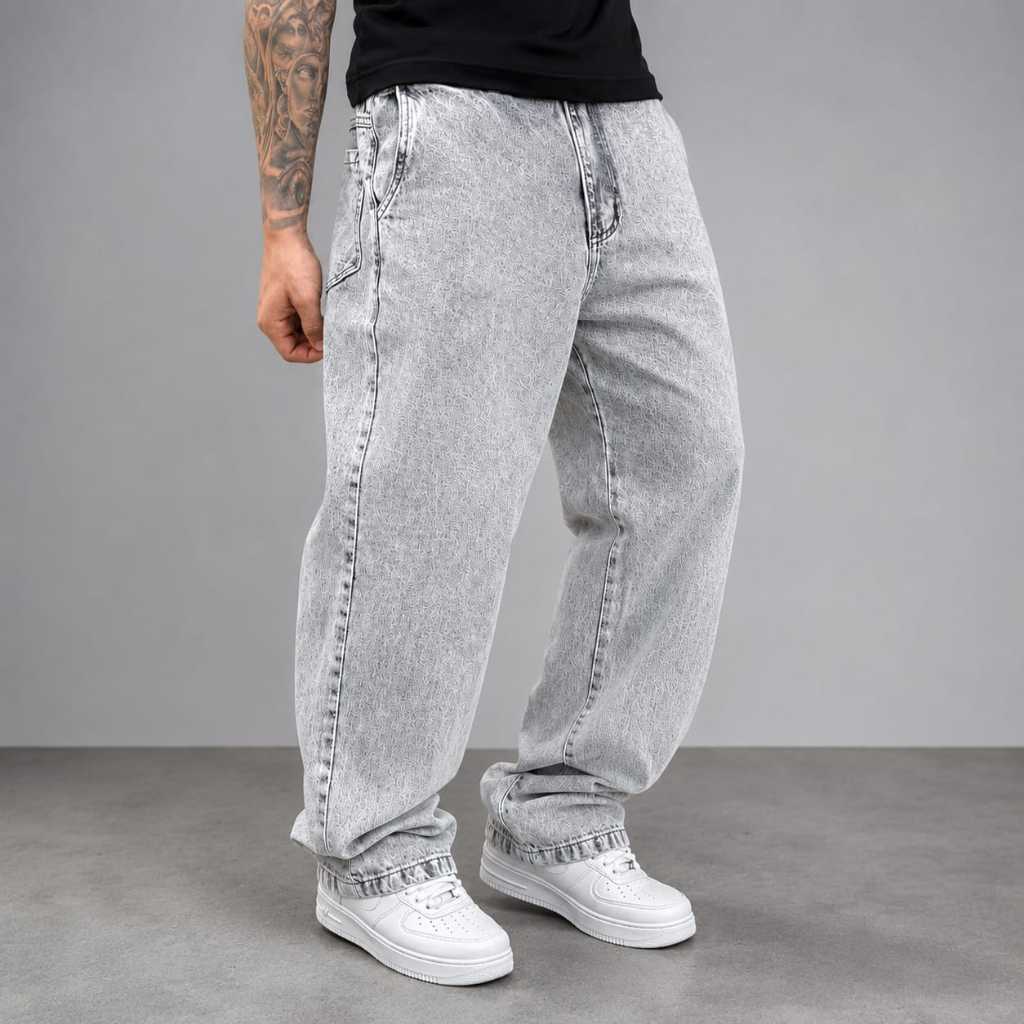 Calça Baggy Masculina Jeans Cinza Estonado
