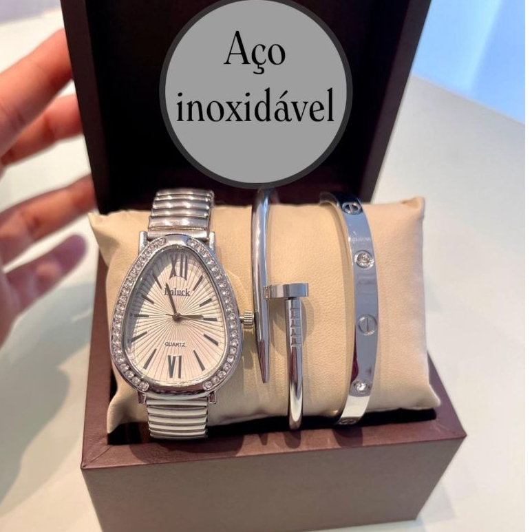 Kit Relogio Com Pulseira e bracelete  Dourado e Pr