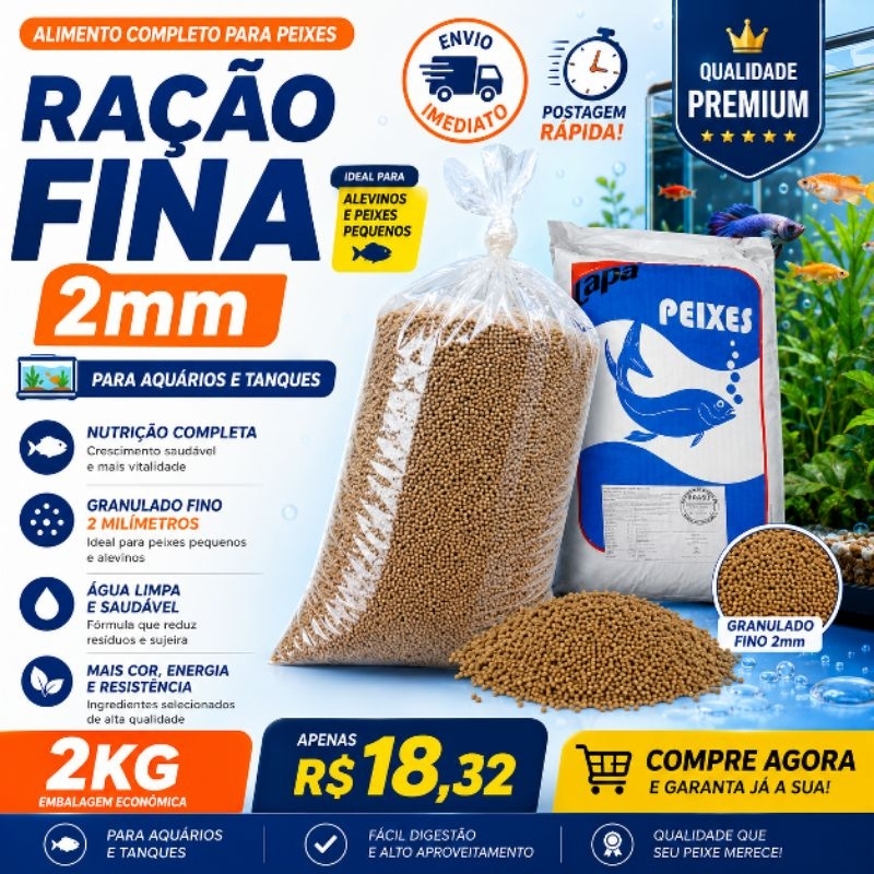 Ração Fina 2kg 2mm Alevinos Tilápia Carpas Aqu�