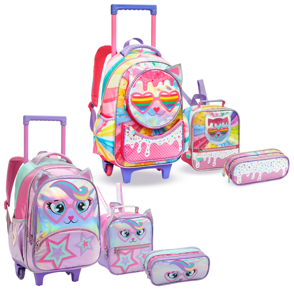 Kit Mochila Infantil Menina Escola De Rodinha Femi