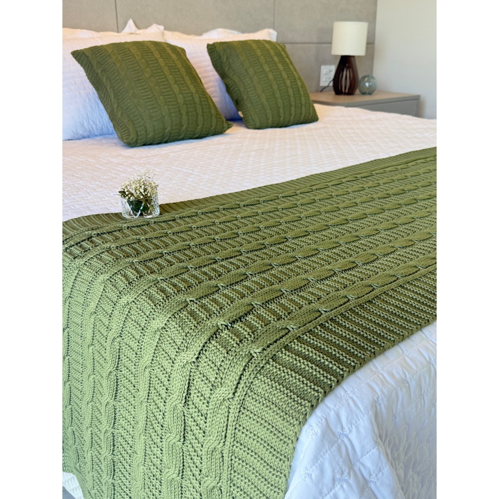 Kit Manta Peseira Tricot Trança Cama Casal Queen 