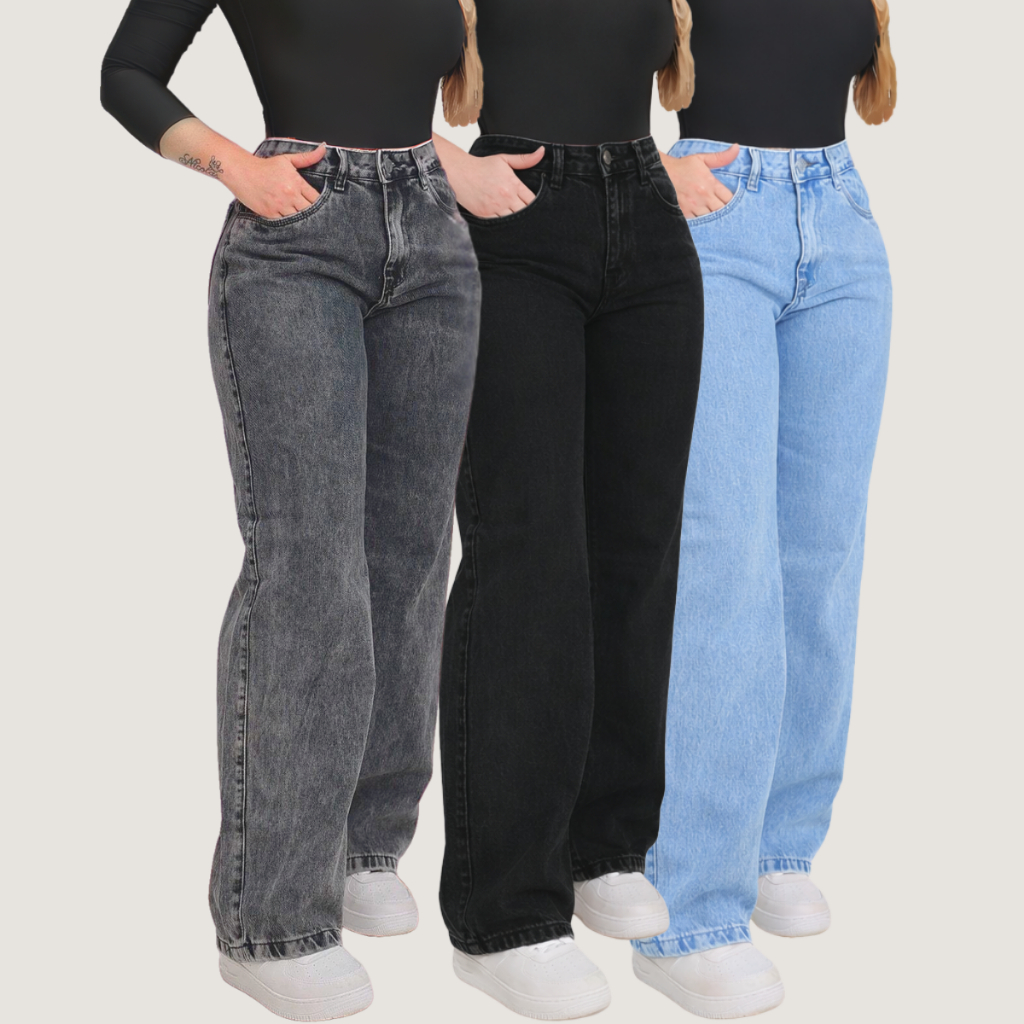 Calça Wide Leg Jeans Feminina Cintura Alta Modern