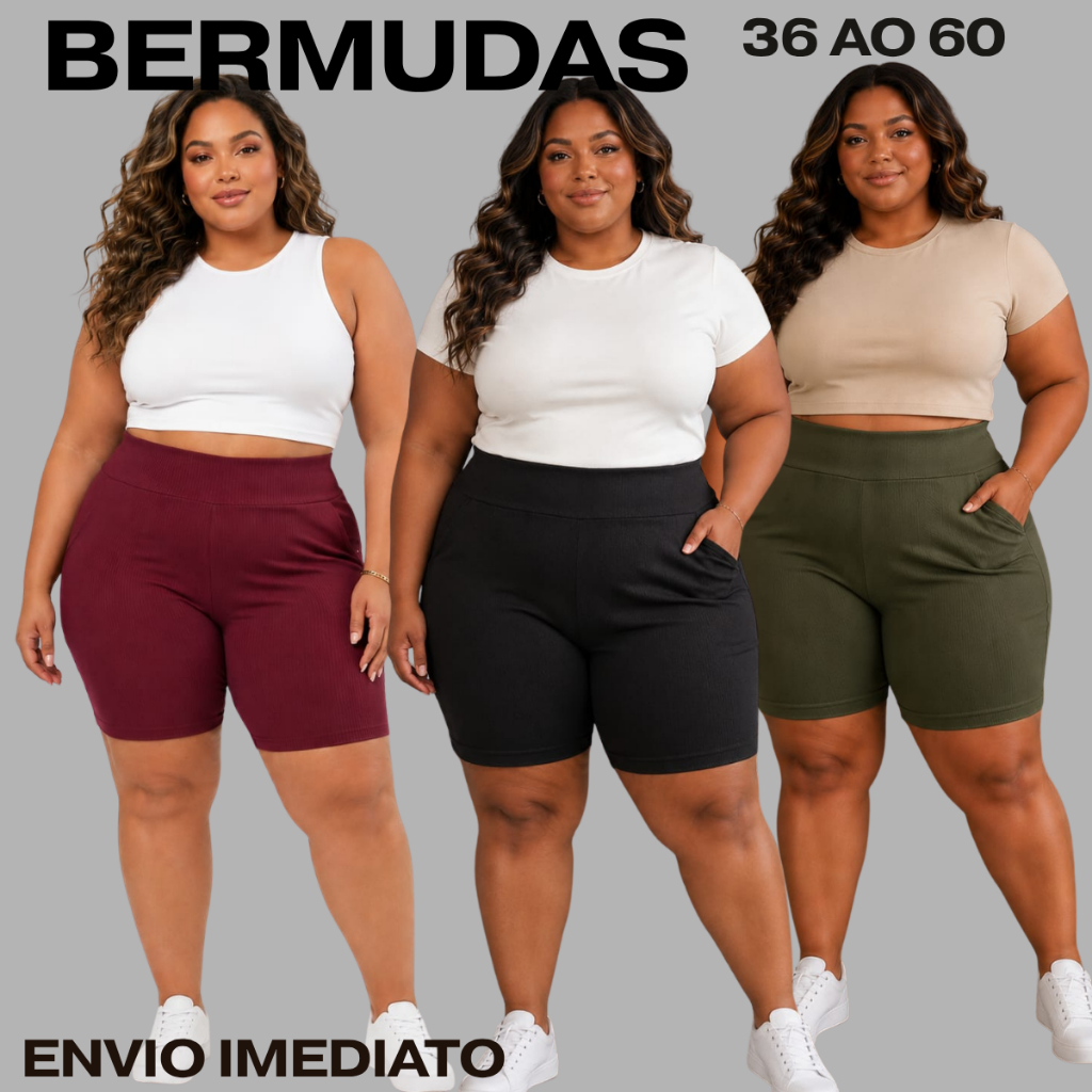 Bermuda Feminina Cintura Alta Short Com Bolso Malh