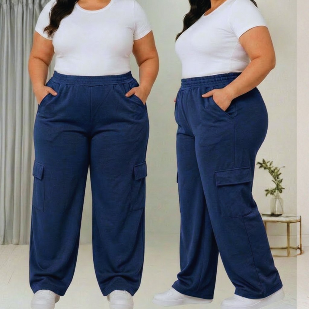 Calça Cargo Plus Size Feminina Wide Leg Alfaiatar