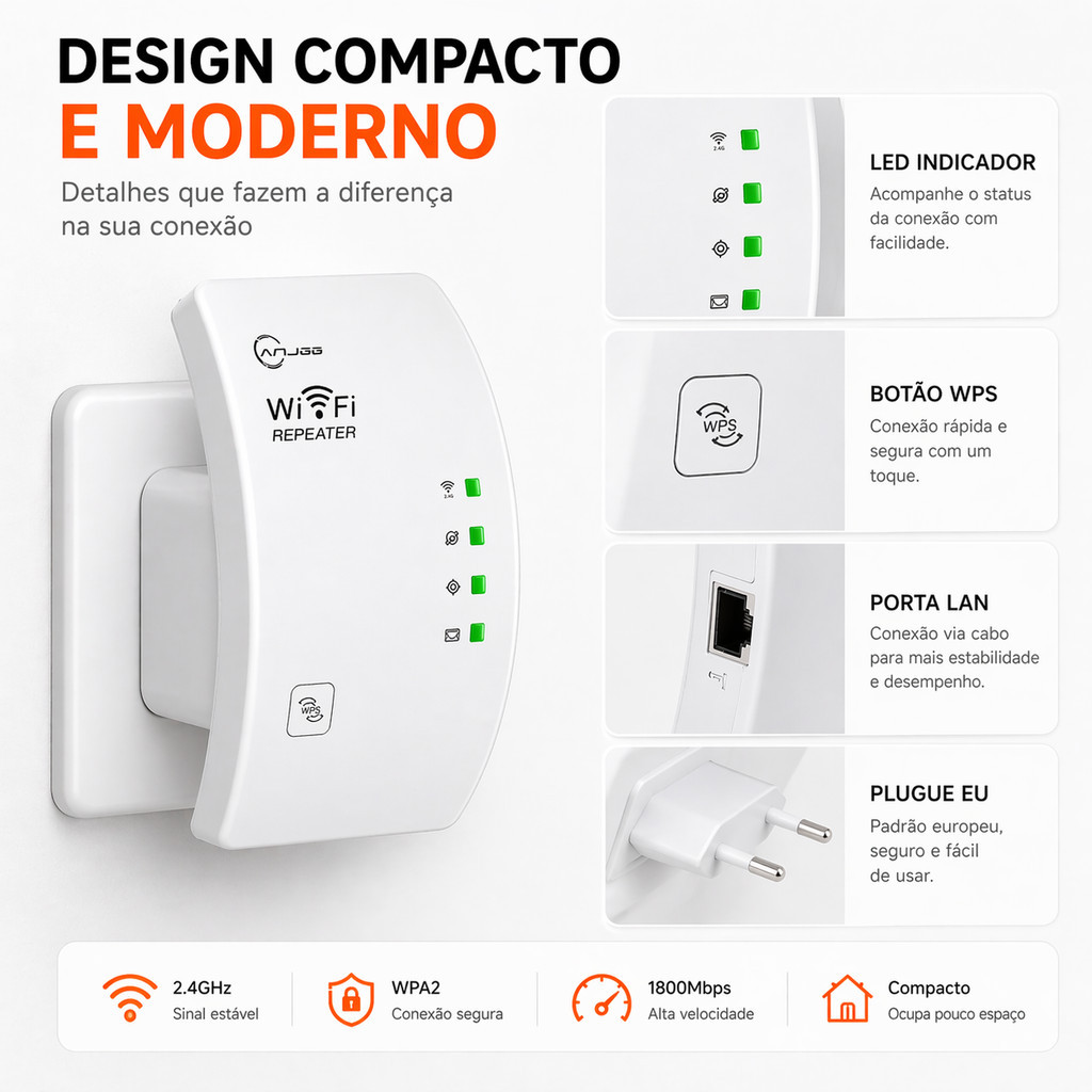 Repetidor De Sinal WiFi Sem Fio Extensor Potente 3