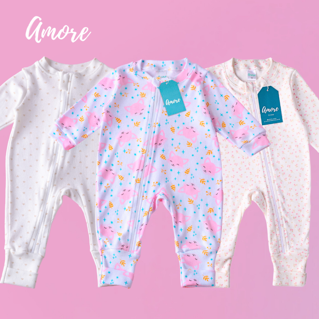 Kit 3 Macacão Menina Amore Vira Pé Floral Recem 