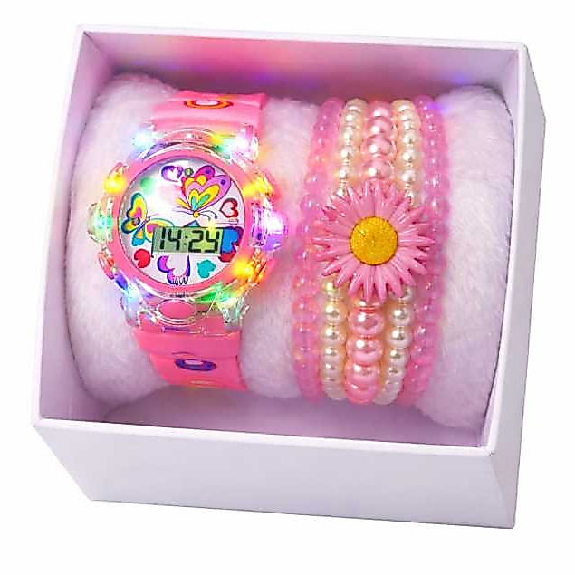 Relógio Infantil LED Que Brilha +Pulseiras Kit Pr