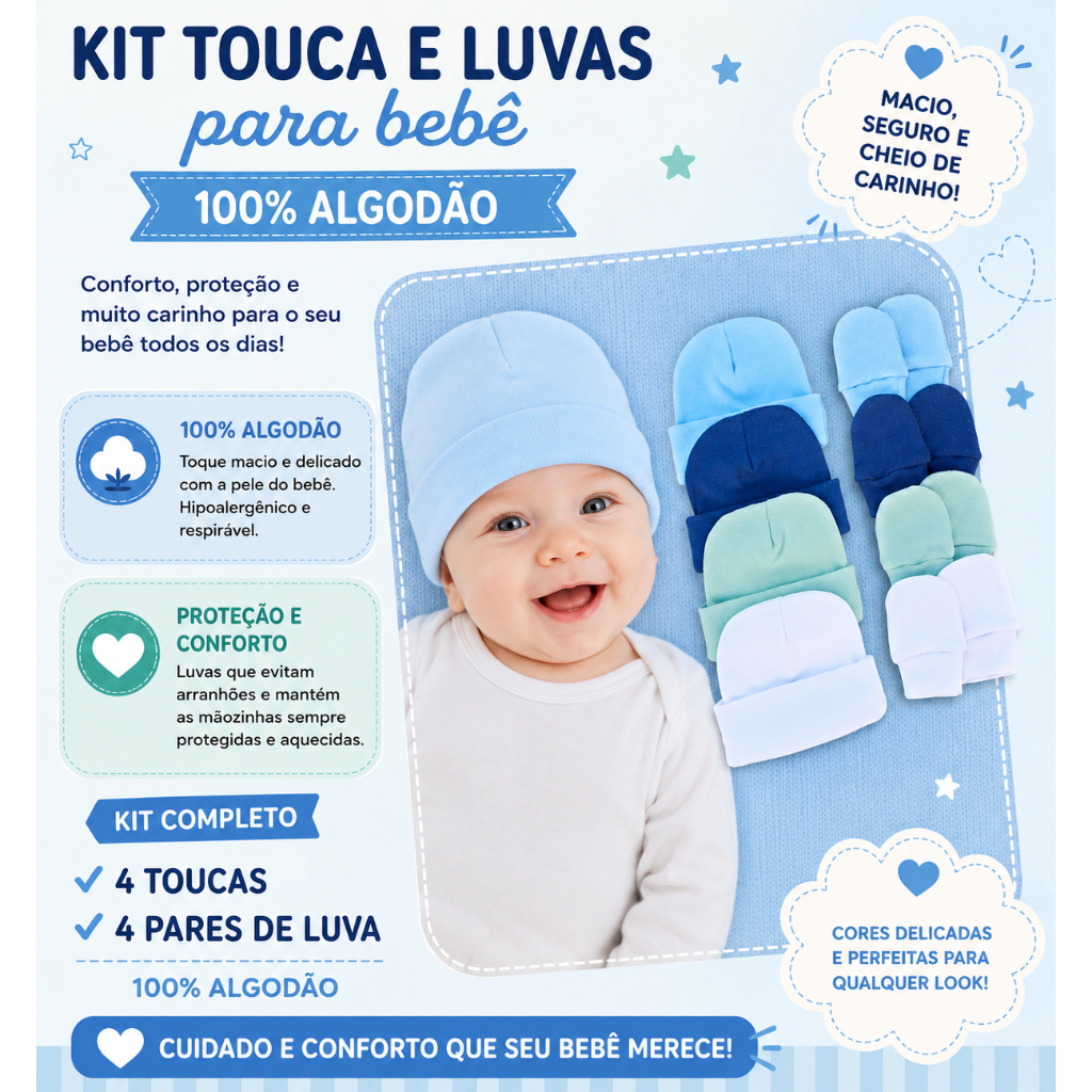Kit 4 Touca e 4 Luva Para Bebê Recém Nascido 100