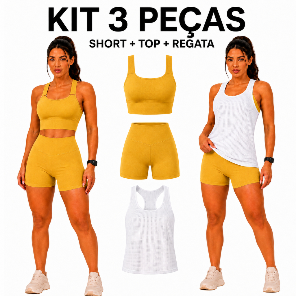 KIT 3 Conjuntos Feminino Esportivo 3 Peças Short 