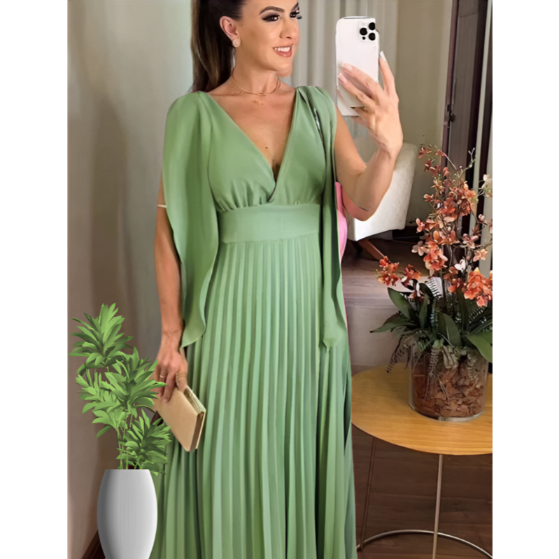 Vestido Longo Plisado Decote V Vestido Para Madrin