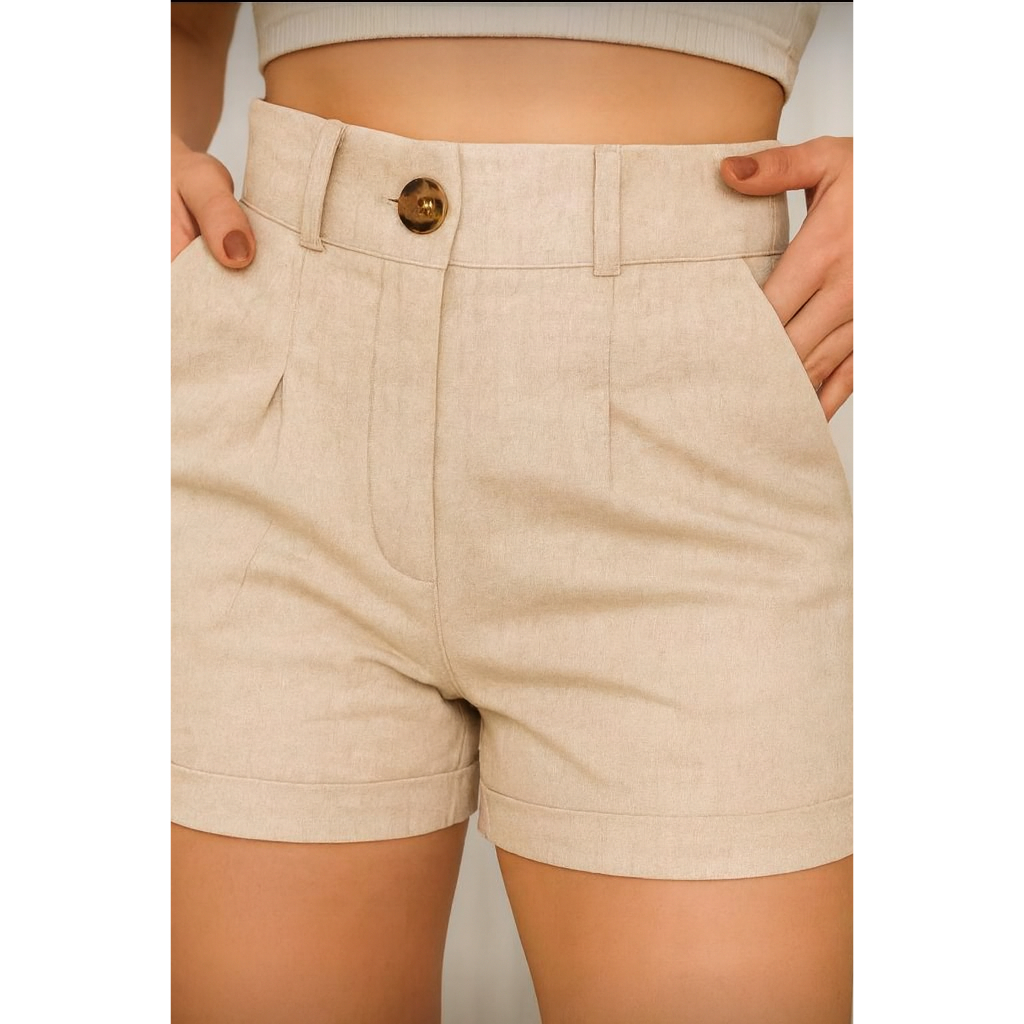 Short Linho Feminino Bolso Faca Ziper e Botão Ele