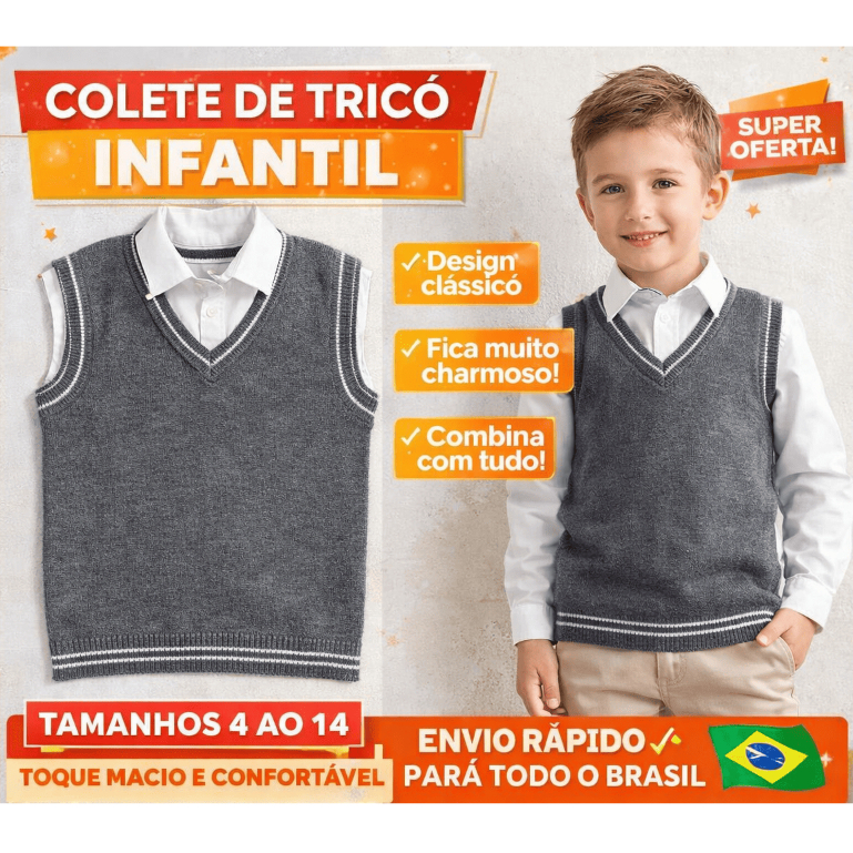 Colete em Tricot Infantil, Moda Masculino em Gola 