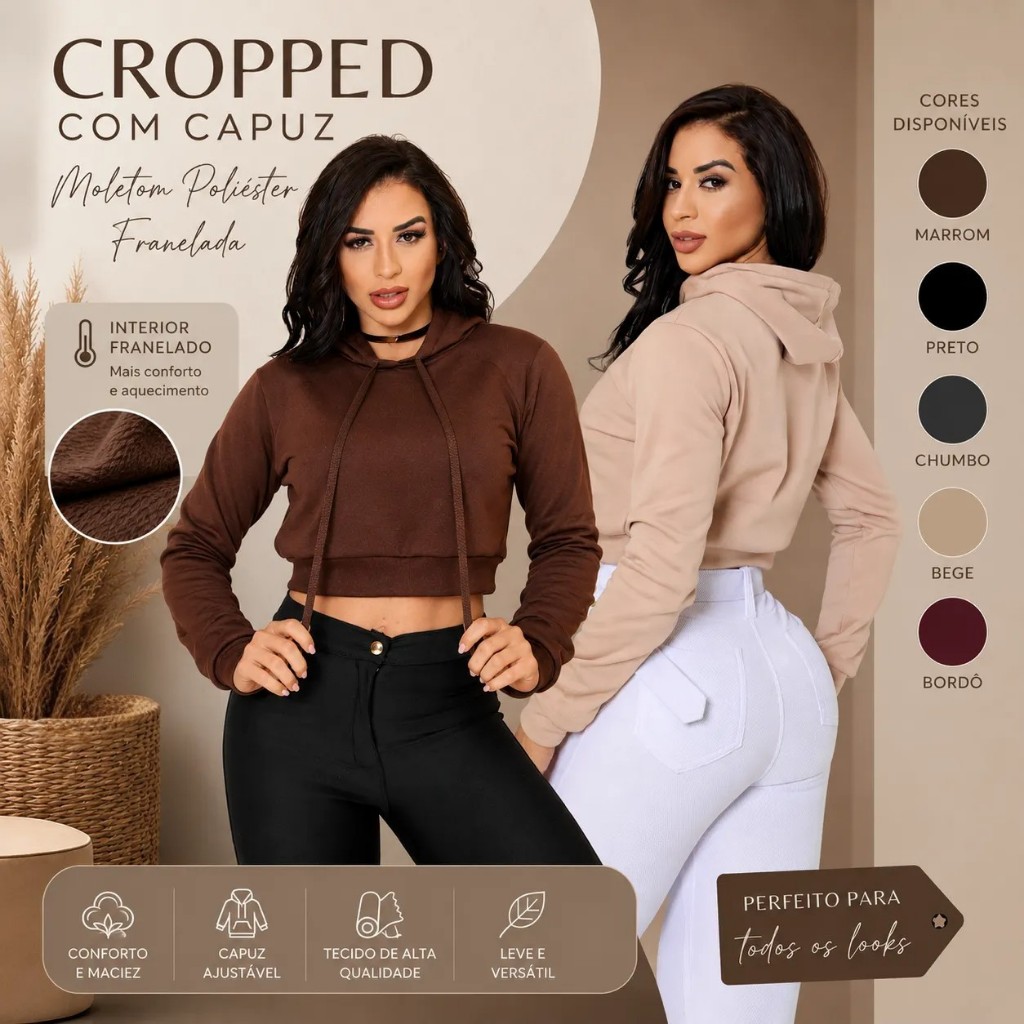 Blusa Cropped Feminina com Manga longa e Capuz Ele