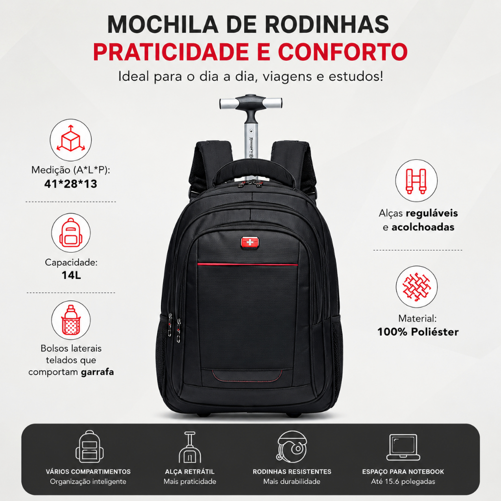 Mochila Bolsa Rodinhas Executiva Trabalho Resisten