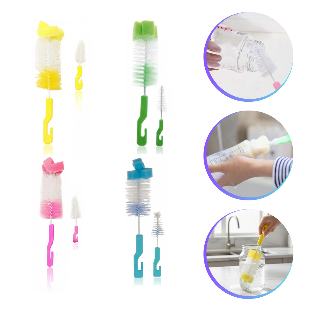 Kit 2 Escovas Para Mamadeira e Bico Com Esponja Pa